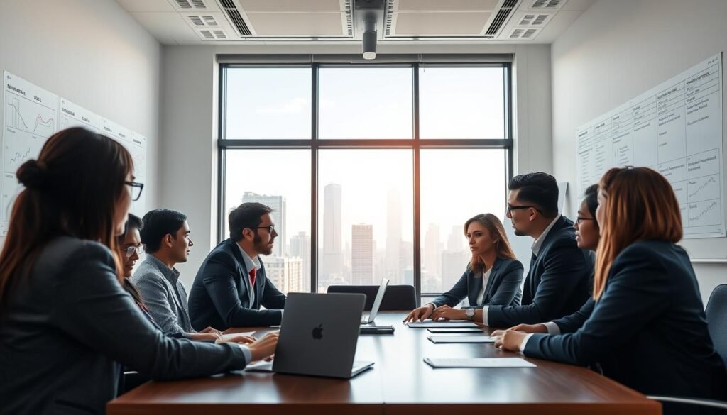 A professional office setting showcasing a modern workspace focused on the process of "consulta adjudicaciones secop." In the foreground, a diverse group of individuals in business attire engage in a discussion around a large conference table, with one person pointing at a laptop displaying the Secop II interface. In the middle ground, a large window reveals a cityscape with skyscrapers under a bright, sunny sky, casting soft natural light into the room. The background features a whiteboard filled with charts and graphs related to adjudications. The atmosphere is collaborative and focused, with a sense of urgency and professionalism. The image should be captured from a slightly elevated angle, emphasizing teamwork and modernity. A professional office setting showcasing a modern workspace focused on the process of "consulta adjudicaciones secop." In the foreground, a diverse group of individuals in business attire engage in a discussion around a large conference table, with one person pointing at a laptop displaying the Secop II interface. In the middle ground, a large window reveals a cityscape with skyscrapers under a bright, sunny sky, casting soft natural light into the room. The background features a whiteboard filled with charts and graphs related to adjudications. The atmosphere is collaborative and focused, with a sense of urgency and professionalism. The image should be captured from a slightly elevated angle, emphasizing teamwork and modernity.