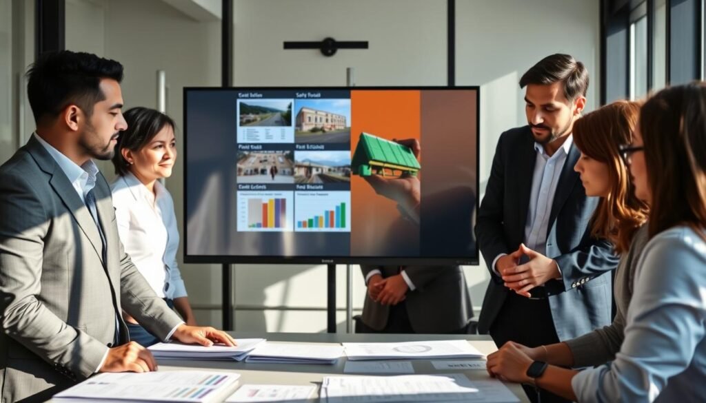 A professional office setting showcasing a public bidding process in Colombia. In the foreground, a diverse group of three professionals in business attire—two men and one woman—are engaged in discussion over a table filled with bid documents and charts. In the middle ground, a large digital screen displays a colorful presentation on various public bidding examples, featuring graphs and images related to Colombian infrastructure projects like roads and schools. The background reveals a modern office with large windows allowing daylight to flood in, casting soft shadows across the room. The overall atmosphere is focused and collaborative, capturing the essence of public procurement and community development. Natural lighting enhances the professional feel.