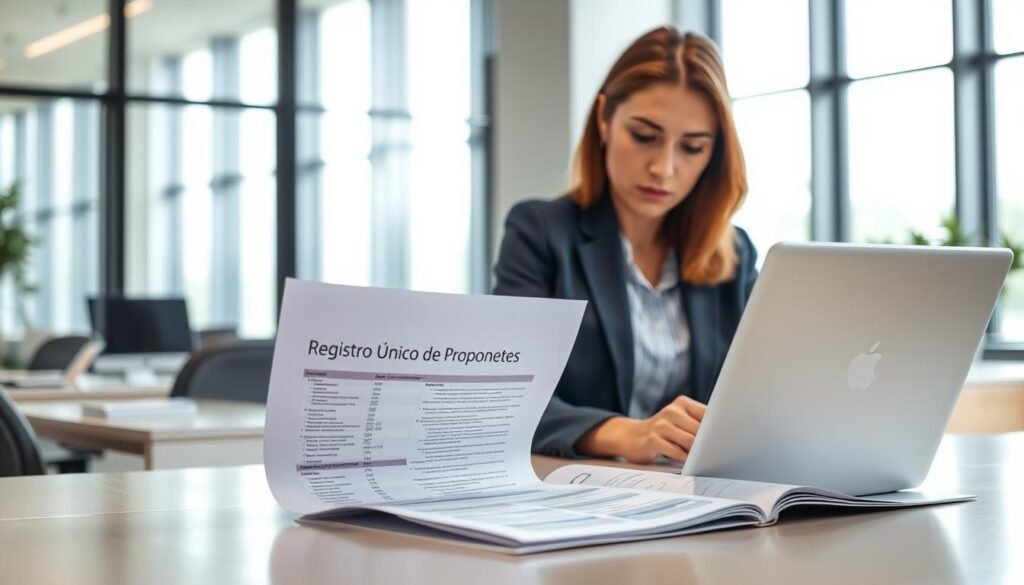 A professional office setting showcasing a sleek desk with a computer and organized documents. In the foreground, a woman in professional attire, focused and engaged, reviews the "Registro Único de Proponentes" document, which is partially visible. In the middle ground, an open laptop displays a detailed spreadsheet, signifying business analysis. The background features a modern office environment with floor-to-ceiling windows allowing natural light to flood in, creating a bright atmosphere. The mood is serious and motivational, emphasizing the importance of registration and capability in business dealings with the government. The image should have a balanced composition, using soft lighting and a clean lens focus to enhance clarity. A professional office setting showcasing a sleek desk with a computer and organized documents. In the foreground, a woman in professional attire, focused and engaged, reviews the "Registro Único de Proponentes" document, which is partially visible. In the middle ground, an open laptop displays a detailed spreadsheet, signifying business analysis. The background features a modern office environment with floor-to-ceiling windows allowing natural light to flood in, creating a bright atmosphere. The mood is serious and motivational, emphasizing the importance of registration and capability in business dealings with the government. The image should have a balanced composition, using soft lighting and a clean lens focus to enhance clarity.