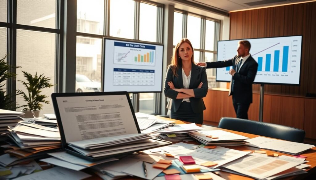 A professional office setting showcasing common mistakes in bidding processes for businesses. In the foreground, a cluttered desk filled with papers, sticky notes, and a laptop displaying a bid document with crossed-out sections. In the middle, a thoughtful businesswoman in a smart outfit, reviewing materials and looking concerned about potential errors, while a businessman stands nearby, pointing at a chart on a screen showing bid costs. The background features a modern conference room with large windows allowing natural light to stream in, casting soft shadows. The atmosphere is serious yet constructive, with warm lighting that adds a sense of urgency and importance to the bidding process.