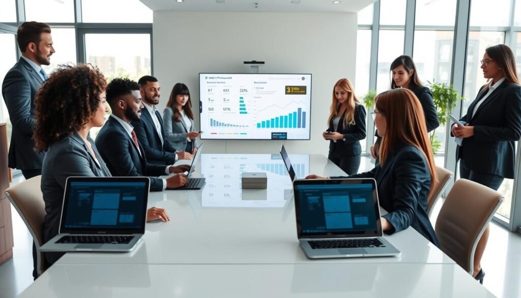 A professional office setting showcasing integration of data using RUES. In the foreground, a diverse group of business professionals, dressed in smart business attire, collaborate around a sleek conference table with laptops and digital tablets displaying RUES dashboards. In the middle, a large screen shows a colorful data visualization, featuring graphs and charts related to public procurement. The background depicts a modern office with large windows allowing for natural light, creating a bright and inviting atmosphere. Soft, diffused lighting enhances the professional mood. Use a slightly elevated camera angle to capture the scene from above, focusing on the engaged teamwork and technology integration. A professional office setting showcasing integration of data using RUES. In the foreground, a diverse group of business professionals, dressed in smart business attire, collaborate around a sleek conference table with laptops and digital tablets displaying RUES dashboards. In the middle, a large screen shows a colorful data visualization, featuring graphs and charts related to public procurement. The background depicts a modern office with large windows allowing for natural light, creating a bright and inviting atmosphere. Soft, diffused lighting enhances the professional mood. Use a slightly elevated camera angle to capture the scene from above, focusing on the engaged teamwork and technology integration.