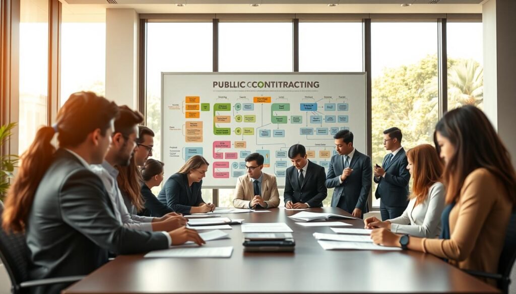 A professional office setting showcasing key stages of public contracting processes in Colombia. In the foreground, diverse individuals in business attire are engaged around a conference table, examining documents and charts. The middle ground features a large whiteboard filled with colorful flowcharts outlining the steps of the contracting process, integrating elements such as "planning," "bidding," and "evaluation." In the background, large windows allow natural light to flood the room, creating a bright, motivating atmosphere. The overall mood is one of collaboration and focus, emphasizing professionalism and clarity in the contracting process. The image should have a slight depth of field effect for an engaging perspective, featuring warm lighting to enhance the inviting feel of the workspace. A professional office setting showcasing key stages of public contracting processes in Colombia. In the foreground, diverse individuals in business attire are engaged around a conference table, examining documents and charts. The middle ground features a large whiteboard filled with colorful flowcharts outlining the steps of the contracting process, integrating elements such as "planning," "bidding," and "evaluation." In the background, large windows allow natural light to flood the room, creating a bright, motivating atmosphere. The overall mood is one of collaboration and focus, emphasizing professionalism and clarity in the contracting process. The image should have a slight depth of field effect for an engaging perspective, featuring warm lighting to enhance the inviting feel of the workspace.
