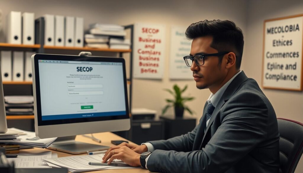 A professional office setting where a Colombian supplier is registering for the SECOP platform on a computer. In the foreground, a focused individual in business attire, showcasing determination, is sitting at a desk cluttered with paperwork and a laptop. In the middle ground, the computer screen displays the SECOP registration page featuring clear forms and icons. The background incorporates a modern office environment with shelves of organized documents and motivational posters about business ethics and compliance. Soft, warm lighting enhances the productive atmosphere, capturing the serious and professional mood of the registration process. Use a slightly angled view to emphasize the supplier’s engagement with the registration task while maintaining a sense of clarity and order in the workspace. A professional office setting where a Colombian supplier is registering for the SECOP platform on a computer. In the foreground, a focused individual in business attire, showcasing determination, is sitting at a desk cluttered with paperwork and a laptop. In the middle ground, the computer screen displays the SECOP registration page featuring clear forms and icons. The background incorporates a modern office environment with shelves of organized documents and motivational posters about business ethics and compliance. Soft, warm lighting enhances the productive atmosphere, capturing the serious and professional mood of the registration process. Use a slightly angled view to emphasize the supplier’s engagement with the registration task while maintaining a sense of clarity and order in the workspace.