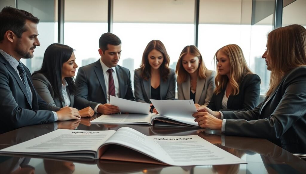 A professional office setting where a diverse group of four business professionals—two men and two women—are engaged in a discussion around a conference table. The foreground features detailed documents highlighting "requisitos para participar" with bullet points visible. In the middle, the characters are dressed in formal business attire, intently reviewing the materials, with expressions of concentration and collaboration. The background shows a large window with natural light pouring in, illuminating the room and creating a warm ambiance. A cityscape is faintly visible through the window, adding context to the corporate environment. Use a soft focus background effect to emphasize the discussion in the foreground, ensuring a professional and constructive atmosphere. A professional office setting where a diverse group of four business professionals—two men and two women—are engaged in a discussion around a conference table. The foreground features detailed documents highlighting "requisitos para participar" with bullet points visible. In the middle, the characters are dressed in formal business attire, intently reviewing the materials, with expressions of concentration and collaboration. The background shows a large window with natural light pouring in, illuminating the room and creating a warm ambiance. A cityscape is faintly visible through the window, adding context to the corporate environment. Use a soft focus background effect to emphasize the discussion in the foreground, ensuring a professional and constructive atmosphere.