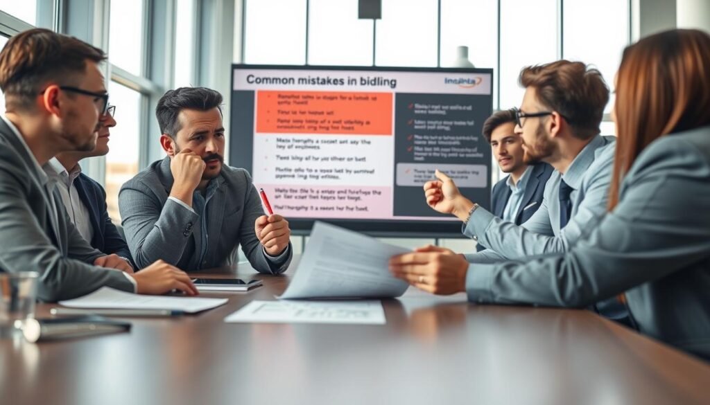 A professional office setting with a conference table in the foreground, surrounded by diverse business people engaged in discussion. A visibly frustrated individual reviewing a contract with a red pen, while others point out errors on a large presentation screen displaying common mistakes in bidding. The background features a modern office with tall windows letting in natural light, creating a bright and dynamic atmosphere. The overall mood is tense yet focused, highlighting the seriousness of losing contracts. Capture this scene with a shallow depth of field, ensuring that the expressions of concern on the faces of the business professionals are clear and prominent, emphasizing the theme of common errors in bidding processes.