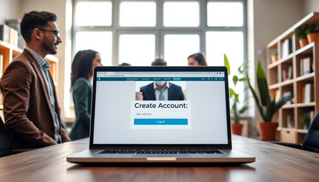 A professional office setting with a contemporary feel, showcasing a computer desk with an open laptop displaying a website interface titled "Create Account". In the foreground, a diverse group of three individuals—two men and one woman—dressed in smart casual business attire, are gathered around the laptop, engaged in discussion. The middle ground includes a large window with natural light filtering in, casting soft shadows. In the background, bookshelves filled with organizational books and potted plants add warmth to the ambiance. The image has a bright and encouraging atmosphere, evoking a sense of purpose and collaboration, suitable for online job applications and account verification processes.