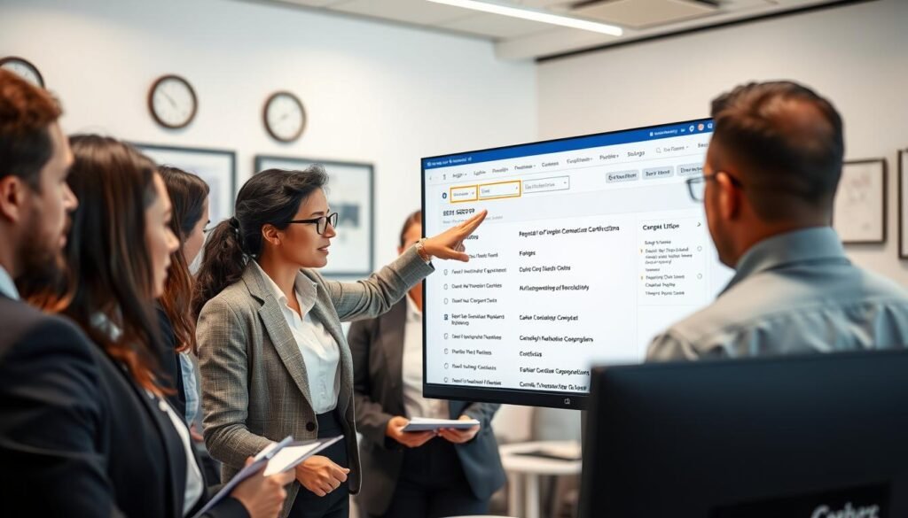 A professional office setting, with a diverse group of individuals in business attire gathered around a computer screen displaying the SECOP 2 interface. In the foreground, a focused woman is pointing at the screen, explaining the search process for procurement opportunities, while a man takes notes. In the middle, a large monitor is displayed, showcasing a detailed webpage with highlighted search options and a list of contracting processes. The background features office furniture, subtle certificates on the walls, and soft lighting that creates an inviting atmosphere. The angle is slightly elevated, providing a clear view of both the computer monitor and the engaged individuals, conveying a sense of collaboration and professionalism in a modern workspace.