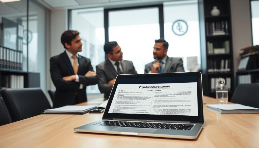 A professional office setting with a diverse group of three business people discussing project documents related to "Ley 1150 de 2007" and direct contracting in Colombia. In the foreground, an open laptop displays a detailed contract document, highlighting key points. In the middle, the three individuals—two men and one woman—are engaged in a thoughtful conversation, dressed in formal business attire. The background features a large window with natural light streaming in, illuminating a modern office space filled with legal books and certification symbols. The atmosphere is focused and collaborative, conveying a sense of urgency and professionalism, reflecting the importance of understanding legal frameworks in public contracting. Capture this scene from a slightly elevated angle to provide depth and context.