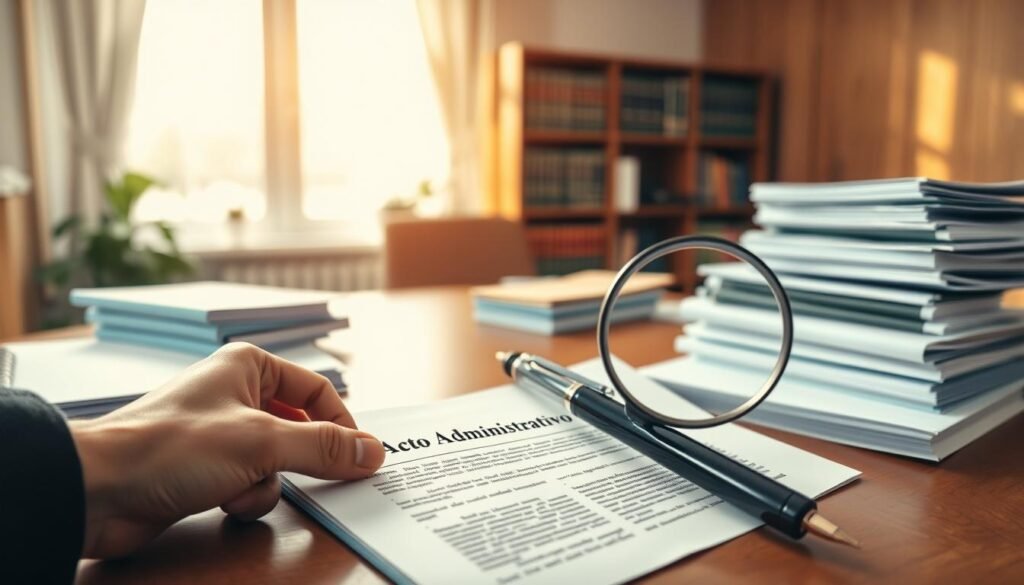 A professional office setting with a large wooden desk, stacked with neatly organized legal documents and a stylish pen resting on top. In the foreground, a close-up of a hand holding a magnifying glass over a document titled "Acto Administrativo", highlighting important sections. In the middle, a blurred bookshelf filled with legal books creates depth, while a window in the background lets in soft daylight, casting gentle shadows. The atmosphere is focused and serious, conveying the importance of administrative acts in public law. No people are present, emphasizing the documents as the central subject. The lighting is warm and inviting, enhancing the sense of professionalism in this workspace.