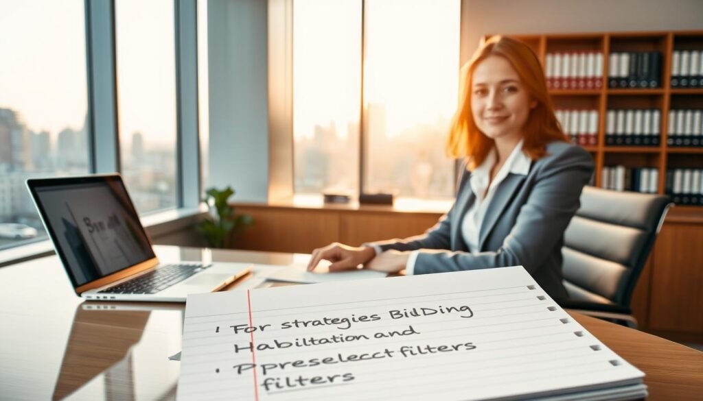 A professional office setting with a well-dressed businesswoman sitting at a sleek, modern desk, surrounded by documents and a laptop displaying project plans. In the foreground, a notepad filled with notes highlights strategies for overcoming habilitation and preselection filters. On the wall behind her, a large window reveals a cityscape bathed in soft afternoon sunlight, creating an optimistic mood. The middle ground features a bookshelf filled with reference materials on effective bidding procedures. The image is captured from a slightly elevated angle, emphasizing the subject's concentration and determination. The overall atmosphere conveys a sense of professionalism, preparation, and focus on achieving successful results in the competitive bidding process. A professional office setting with a well-dressed businesswoman sitting at a sleek, modern desk, surrounded by documents and a laptop displaying project plans. In the foreground, a notepad filled with notes highlights strategies for overcoming habilitation and preselection filters. On the wall behind her, a large window reveals a cityscape bathed in soft afternoon sunlight, creating an optimistic mood. The middle ground features a bookshelf filled with reference materials on effective bidding procedures. The image is captured from a slightly elevated angle, emphasizing the subject's concentration and determination. The overall atmosphere conveys a sense of professionalism, preparation, and focus on achieving successful results in the competitive bidding process.