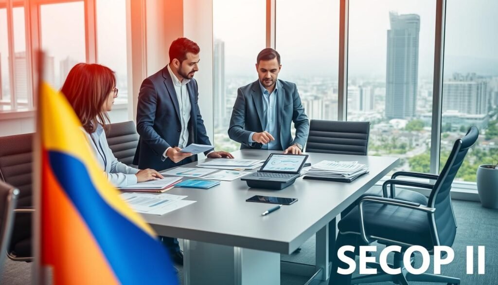 A professional office space illustrating the concept of SECOP I and SECOP II in Colombia, depicting a diverse group of three business professionals engaged in a discussion around a conference table filled with paperwork and digital devices. In the foreground, a Colombian flag is subtly placed to emphasize the national context. The middle ground shows a modern, well-lit office environment, with large windows providing natural light, and a cityscape visible in the background. The professionals, dressed in business attire—two men and one woman—are collaborating intently, with one pointing at a digital tablet displaying graphs and data. The atmosphere is dynamic and productive, conveying a sense of innovation and teamwork in government processes.