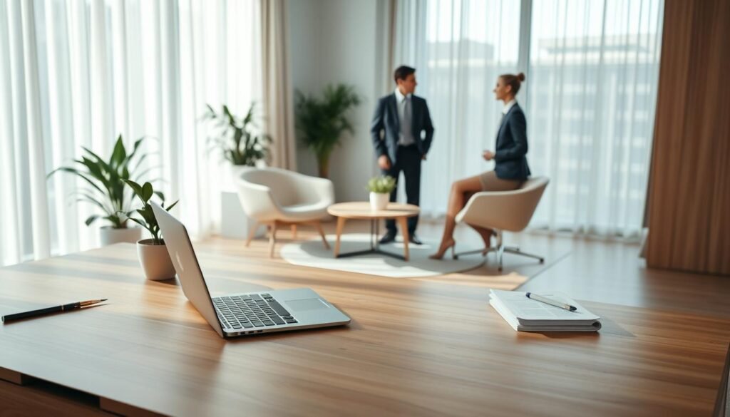 A professional office space representing the "domicilio principal nivel departamento," showcasing a modern minimalist design. In the foreground, features a stylish wooden desk with a sleek laptop, a stack of business documents, and a potted plant. The middle ground presents a comfortable seating area with two modern chairs and a small round coffee table, where a professional couple in business attire engages in discussion. The background reveals large windows with sheer curtains, allowing natural light to flood the room, highlighting the warm neutral tones of the decor. The atmosphere feels conducive to collaboration and productivity, emphasizing a professional yet inviting ambiance, with soft shadows and a crisp focus on the essential elements of a functional business environment.