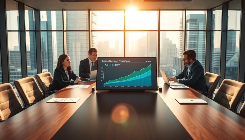 A professional office space with a modern and organized look, featuring a large conference table at the foreground surrounded by business professionals in formal attire, engaged in a discussion about government procurement processes. In the middle ground, a digital display is showcasing a graph of winning proposals related to SECOP II, while documents and laptops are neatly placed on the table. The background shows a vibrant city skyline through large windows, with sunlight streaming in, creating a bright and optimistic atmosphere. The image should capture the focus and collaboration among the advisors, emphasizing a sense of expertise and professionalism in the field of bid consultancy. Use a wide-angle lens perspective to encompass the entire scene, highlighting the interactions and environment. A professional office space with a modern and organized look, featuring a large conference table at the foreground surrounded by business professionals in formal attire, engaged in a discussion about government procurement processes. In the middle ground, a digital display is showcasing a graph of winning proposals related to SECOP II, while documents and laptops are neatly placed on the table. The background shows a vibrant city skyline through large windows, with sunlight streaming in, creating a bright and optimistic atmosphere. The image should capture the focus and collaboration among the advisors, emphasizing a sense of expertise and professionalism in the field of bid consultancy. Use a wide-angle lens perspective to encompass the entire scene, highlighting the interactions and environment.