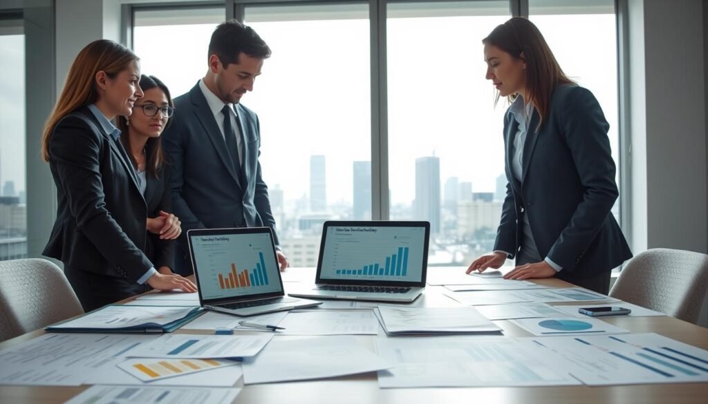 A professional, organized workspace illustrating the methodology of public procurement. In the foreground, a diverse group of business people—two men and two women—engaged in discussion, all wearing formal business attire. In the middle ground, a large table scattered with documents, graphs, and a laptop displaying charts related to tender processes. The background features a large window revealing a city skyline, with natural light streaming in, creating a bright and optimistic atmosphere. The scene is shot with a slight downward angle to emphasize the collaborative effort and focus on the materials. Soft, diffused lighting enhances the professionalism and clarity of the setting, embodying the theme of effective methodologies in public bidding in Colombia.
