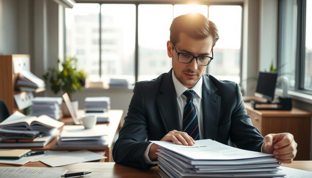 A professional, organized workspace in an office setting. In the foreground, a focused individual in smart business attire is reviewing a stack of documents labeled "certified errors" and "applications." In the middle ground, a desk cluttered with papers, a laptop, and a cup of coffee conveys a busy atmosphere. The background features a large window allowing natural light to stream in, illuminating the space and creating a sense of clarity. The lighting is warm yet professional, casting soft shadows that enhance the details in the scene. The mood reflects concentration and determination, emphasizing the importance of avoiding common mistakes in official processes.