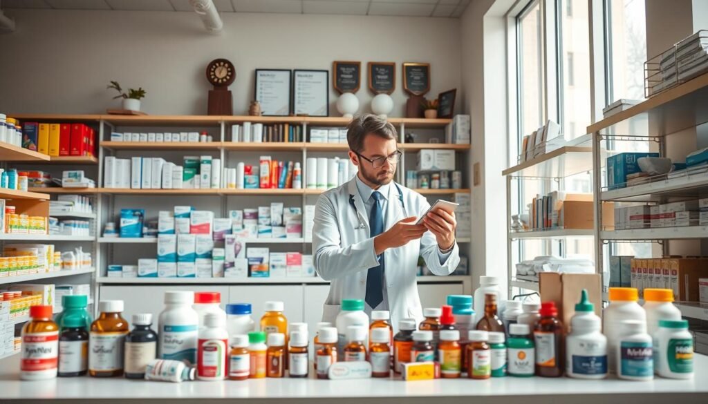 A professional pharmacist in a modern, well-lit pharmaceutical office, surrounded by a variety of colorful medicine bottles and packaging. In the foreground, there is a neatly organized table displaying prescription medications, over-the-counter drugs, and innovative pharmaceutical products. The middle ground shows shelves lined with neatly stacked boxes and vials, highlighting the diversity of medications available. Soft, natural light filters through large windows, creating a warm and inviting atmosphere. The pharmacist, dressed in professional business attire, is attentively examining a product, embodying diligence and expertise. The background features shelves filled with medical literature and industry awards, accentuating the professionalism of the environment. The overall mood is one of trust and commitment to healthcare.