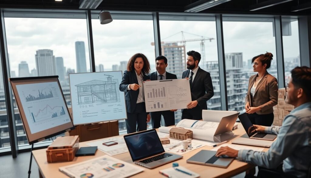 A professional presentation environment depicting a construction proposal meeting. In the foreground, a diverse group of four individuals in smart business attire (two men and two women) are gathered around a large table covered with blueprints, architectural models, and laptops. One person is pointing at a large presentation screen displaying a detailed construction project plan, illuminated by soft overhead lighting. In the middle ground, a flip chart with graphs and charts highlights project statistics, while a case of construction materials is subtly visible. The background features floor-to-ceiling windows showing a city skyline and construction site, creating a dynamic atmosphere of opportunity and collaboration. Use a wide-angle lens effect to capture the entire scene, conveying a sense of professionalism and ambition in the construction field. A professional presentation environment depicting a construction proposal meeting. In the foreground, a diverse group of four individuals in smart business attire (two men and two women) are gathered around a large table covered with blueprints, architectural models, and laptops. One person is pointing at a large presentation screen displaying a detailed construction project plan, illuminated by soft overhead lighting. In the middle ground, a flip chart with graphs and charts highlights project statistics, while a case of construction materials is subtly visible. The background features floor-to-ceiling windows showing a city skyline and construction site, creating a dynamic atmosphere of opportunity and collaboration. Use a wide-angle lens effect to capture the entire scene, conveying a sense of professionalism and ambition in the construction field.