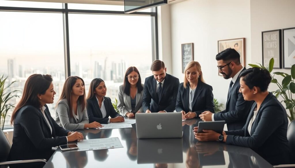 A professional scene depicting a business advisor assisting clients with public contract bidding in Colombia. In the foreground, a diverse group of individuals dressed in smart business attire, engaged in a focused discussion at a sleek conference table with contract documents and a laptop open. In the middle ground, a large window displays a city skyline, hinting at a bustling urban environment. Soft, natural light streams through the window, casting gentle shadows. The background features a modern office setting, complete with plants and inspirational artwork. The overall mood is collaborative and determined, emphasizing professionalism and success in navigating public contracts. A professional scene depicting a business advisor assisting clients with public contract bidding in Colombia. In the foreground, a diverse group of individuals dressed in smart business attire, engaged in a focused discussion at a sleek conference table with contract documents and a laptop open. In the middle ground, a large window displays a city skyline, hinting at a bustling urban environment. Soft, natural light streams through the window, casting gentle shadows. The background features a modern office setting, complete with plants and inspirational artwork. The overall mood is collaborative and determined, emphasizing professionalism and success in navigating public contracts.