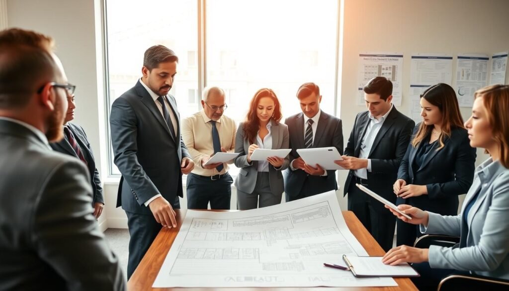 A professional scene depicting a construction project meeting focused on bid modifications and observations, featuring a diverse group of business professionals dressed in smart business attire. In the foreground, a middle-aged Latino man stands confidently, pointing to a large blueprint spread across a table, while a young Black woman takes notes on a digital tablet. Surrounding them, other team members are engaged in discussions, looking at documents and a projected presentation. The middle ground shows a large window letting in soft, natural light that creates an inviting atmosphere. In the background, construction plans and project charts are displayed on the walls, enhancing the professional setting. The overall mood is collaborative and focused, illustrating the importance of communication in project management.