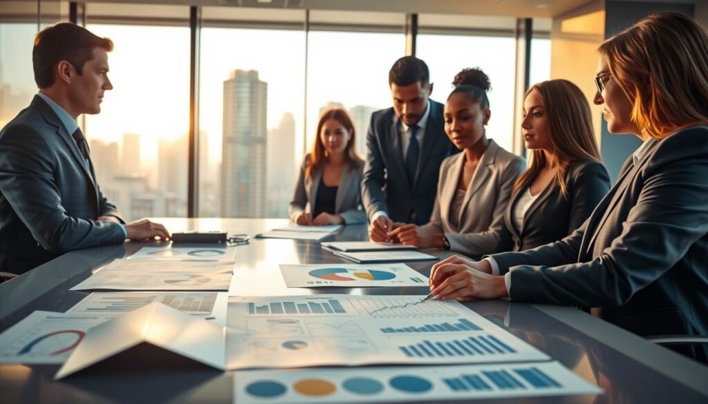 A professional scene depicting a diverse group of business professionals engaged in a collaborative meeting around a sleek conference table. The foreground shows a close-up of charts and graphs spread across the table, highlighting strategic analyses. In the middle, business professionals of various ethnicities, dressed in smart business attire, discuss and review opportunities, with expressions of focus and determination. The background features a large window with a view of a modern cityscape bathed in warm daylight, symbolizing growth and opportunity. Soft, natural lighting enhances the inviting atmosphere, creating a sense of innovation and collaboration. Use a slightly elevated angle to capture the dynamic interactions among the team members, conveying a mood of optimism and strategic thinking. A professional scene depicting a diverse group of business professionals engaged in a collaborative meeting around a sleek conference table. The foreground shows a close-up of charts and graphs spread across the table, highlighting strategic analyses. In the middle, business professionals of various ethnicities, dressed in smart business attire, discuss and review opportunities, with expressions of focus and determination. The background features a large window with a view of a modern cityscape bathed in warm daylight, symbolizing growth and opportunity. Soft, natural lighting enhances the inviting atmosphere, creating a sense of innovation and collaboration. Use a slightly elevated angle to capture the dynamic interactions among the team members, conveying a mood of optimism and strategic thinking.