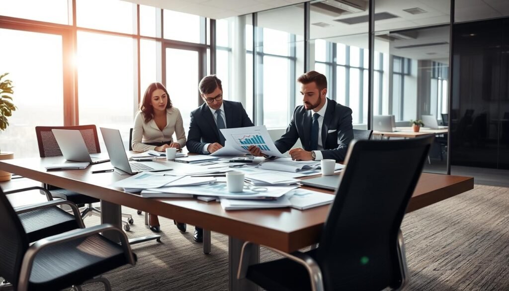 A professional scene depicting a group of business people engaged in a bidding process, focused on their laptops and documents. In the foreground, three individuals in formal business attire are actively discussing a proposal, with charts and graphs displayed on a tablet. The middle ground shows a large meeting table cluttered with paperwork, laptops, and cups of coffee, indicating a busy work environment. The background presents a modern office with large windows allowing natural light to flood the room, enhancing the atmosphere of urgency and collaboration. Soft shadows and a warm color palette create an inviting yet serious mood, emphasizing the importance of successful bidding procedures.