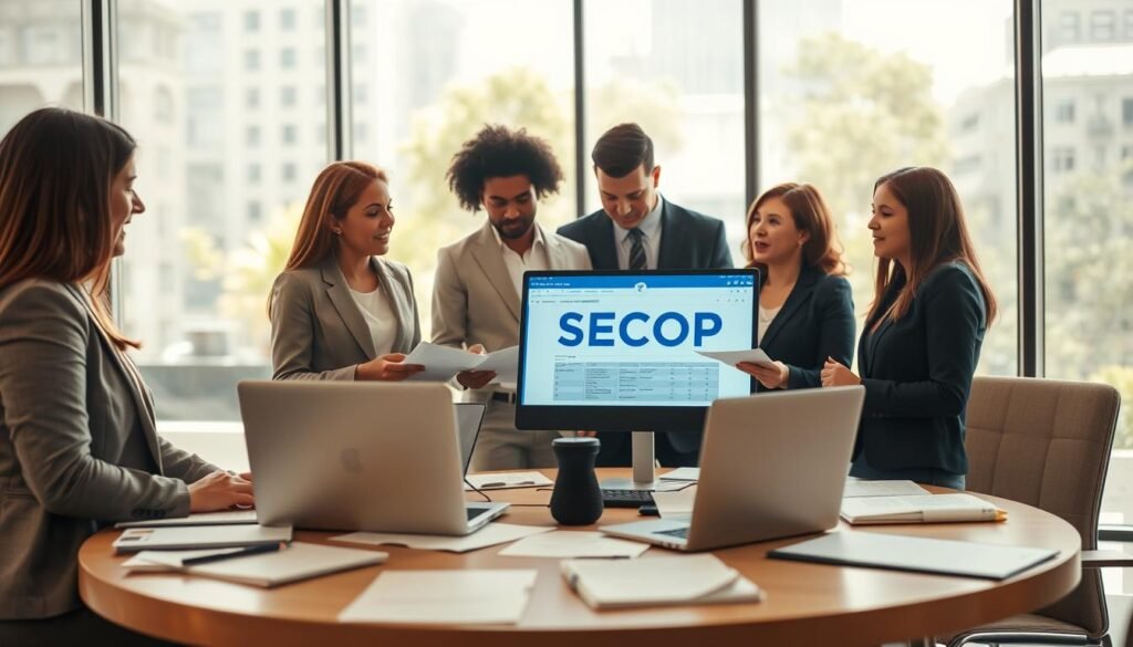 A professional scene illustrating a business meeting focused on public procurement in Colombia, with a diverse group of four people engaged in discussion. The foreground features a round table covered with papers, laptops, and a laptop displaying the SECOP platform. The middle shows the group in professional business attire, animatedly sharing ideas, and analyzing documents. The background captures a modern office environment with large windows allowing natural light to flood the space, enhancing the atmosphere of collaboration and professionalism. The lighting is bright and warm, suggesting a positive and focused mood. The camera angle is slightly elevated to showcase both the details on the table and the engaged expressions on the participants' faces. A professional scene illustrating a business meeting focused on public procurement in Colombia, with a diverse group of four people engaged in discussion. The foreground features a round table covered with papers, laptops, and a laptop displaying the SECOP platform. The middle shows the group in professional business attire, animatedly sharing ideas, and analyzing documents. The background captures a modern office environment with large windows allowing natural light to flood the space, enhancing the atmosphere of collaboration and professionalism. The lighting is bright and warm, suggesting a positive and focused mood. The camera angle is slightly elevated to showcase both the details on the table and the engaged expressions on the participants' faces.