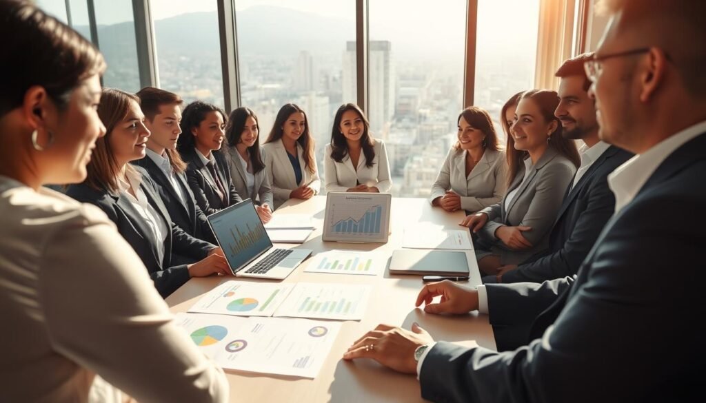 A professional setting depicting a Colombian government office where public contracting modalities are discussed. In the foreground, a diverse group of individuals in smart business attire are engaged in a dynamic conversation, with a mix of men and women representing various ethnic backgrounds. In the middle, a large table is spread with documents, charts, and a laptop displaying graphs of contracting processes. The background features a large window with natural light streaming in, showcasing the vibrant Colombian cityscape. Soft sunlight creates an optimistic and professional atmosphere. The angle is slightly elevated, capturing both the participants' expressions and the details of the documents, with a focus on clear communication and collaboration in public contracting.