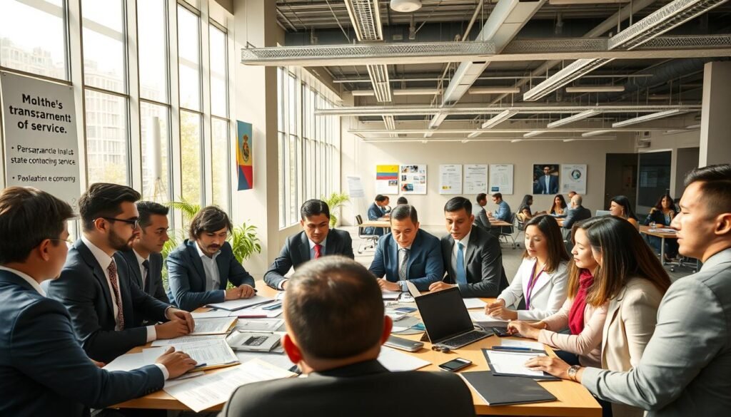A professional setting depicting a Colombian government procurement scene. In the foreground, a diverse group of individuals in business attire, including men and women of various ethnicities, engaged in a serious discussion around a table cluttered with documents, charts, and digital devices. In the middle ground, large windows allow natural light to filter through, illuminating a modern office space decorated with Colombian flags and motivational posters about transparency and public service. The background features a sleek, semi-open office layout with additional teams in meetings, conveying a collaborative environment. The overall atmosphere is focused and dynamic, highlighting the essential role of participants in the state contracting process. Use a wide-angle lens for depth, ensuring a bright and professional lighting scheme.