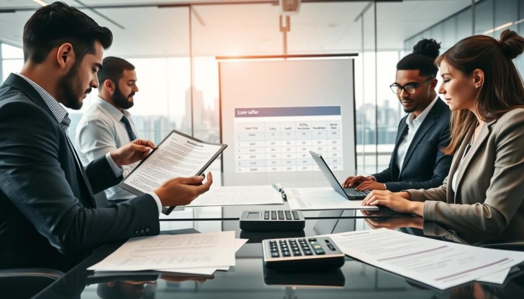 A professional setting depicting a business meeting where individuals are comparing bids from various suppliers using Secop II. In the foreground, focus on a diverse group of three business professionals—two men and one woman—dressed in smart business attire, examining digital documents on a tablet and a laptop. In the middle, a large conference table is covered with printed offer documents, a calculator, and a projector displaying a comparison chart. The background features a modern office with glass walls, a skyline view, and soft, natural lighting pouring in. Capture a sense of collaboration and concentration, emphasizing the importance of informed decision-making. Use a slightly angled perspective to convey depth and engagement in this analytical process. A professional setting depicting a business meeting where individuals are comparing bids from various suppliers using Secop II. In the foreground, focus on a diverse group of three business professionals—two men and one woman—dressed in smart business attire, examining digital documents on a tablet and a laptop. In the middle, a large conference table is covered with printed offer documents, a calculator, and a projector displaying a comparison chart. The background features a modern office with glass walls, a skyline view, and soft, natural lighting pouring in. Capture a sense of collaboration and concentration, emphasizing the importance of informed decision-making. Use a slightly angled perspective to convey depth and engagement in this analytical process.