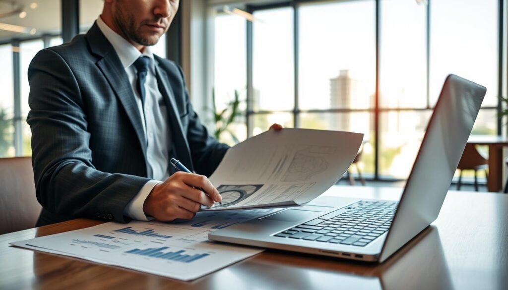 A professional setting depicting a close-up of a businessperson writing a compelling bid proposal for public works projects in Colombia. In the foreground, a well-dressed individual in business attire is focused on a document filled with graphs and plans, showcasing intricate designs and detailed budgets. The middle ground features an open laptop displaying a project management software interface. In the background, a modern office environment with large windows allows natural light to illuminate the space, highlighting the urban landscape outside. The atmosphere is serious and diligent, conveying a sense of determination and professionalism. The image captures the essence of preparing for a successful public tender bid while ensuring legal compliance. The scene is bright and organized, with warm lighting for an inviting ambiance. A professional setting depicting a close-up of a businessperson writing a compelling bid proposal for public works projects in Colombia. In the foreground, a well-dressed individual in business attire is focused on a document filled with graphs and plans, showcasing intricate designs and detailed budgets. The middle ground features an open laptop displaying a project management software interface. In the background, a modern office environment with large windows allows natural light to illuminate the space, highlighting the urban landscape outside. The atmosphere is serious and diligent, conveying a sense of determination and professionalism. The image captures the essence of preparing for a successful public tender bid while ensuring legal compliance. The scene is bright and organized, with warm lighting for an inviting ambiance.