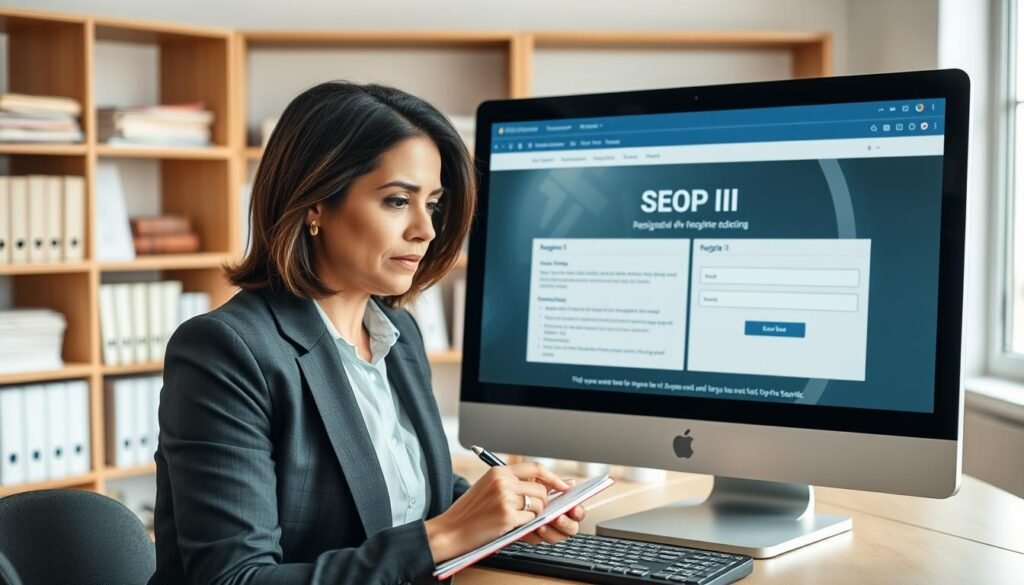 A professional setting depicting a computer screen displaying the SECOP II registration website. In the foreground, a business professional, a middle-aged Hispanic woman in business attire, is focused on the screen, with a notebook and a pen at hand, taking notes. The middle layer shows the computer screen with a clear layout of the SECOP II registration page, featuring forms and instructions, with a subtle glow from the screen illuminating the subject's face. The background includes a well-organized office space with bookshelves filled with documents and a window letting in soft, natural light, creating a bright and inviting atmosphere. The image conveys a sense of diligence and professionalism in a modern workspace.