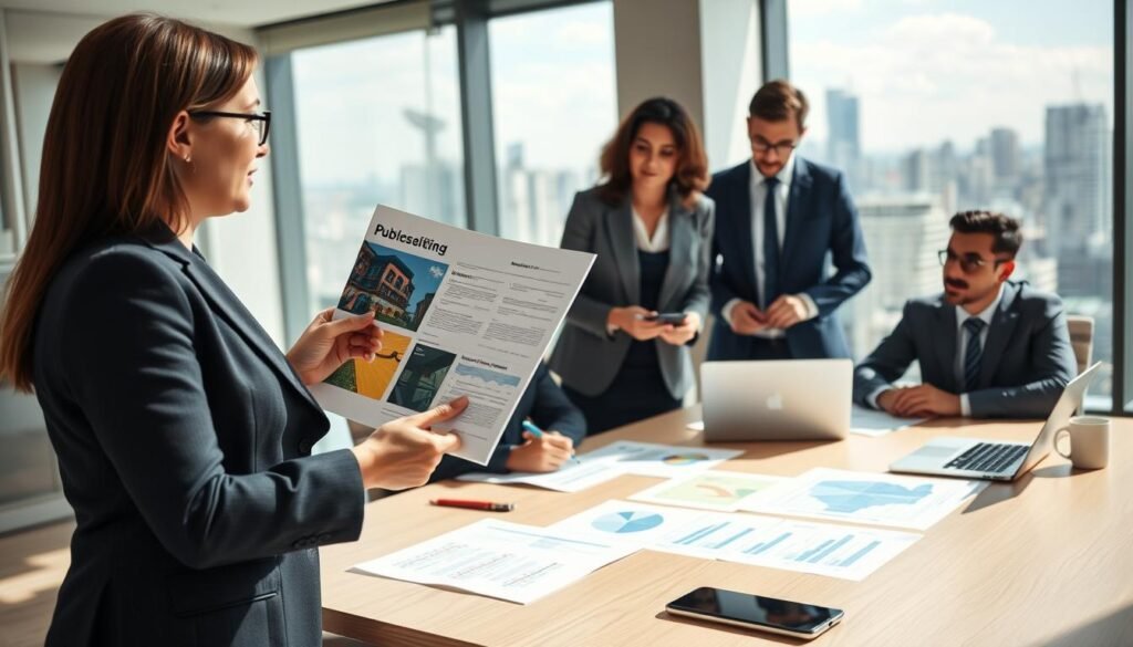 A professional setting depicting a diverse group of business individuals engaged in a collaborative meeting about public bidding in Colombia. In the foreground, a middle-aged woman in smart business attire is enthusiastically presenting a colorful proposal document. Nearby, a young man with glasses takes notes on a laptop. In the middle ground, there are charts and legal documents spread across a modern conference table, complemented by a coffee cup and a smart device. The background features a large window showcasing a skyline view of Bogotá, lending a sense of place. The lighting is bright and natural, creating an atmosphere of focus and determination, with a slight depth of field to emphasize the participants.
