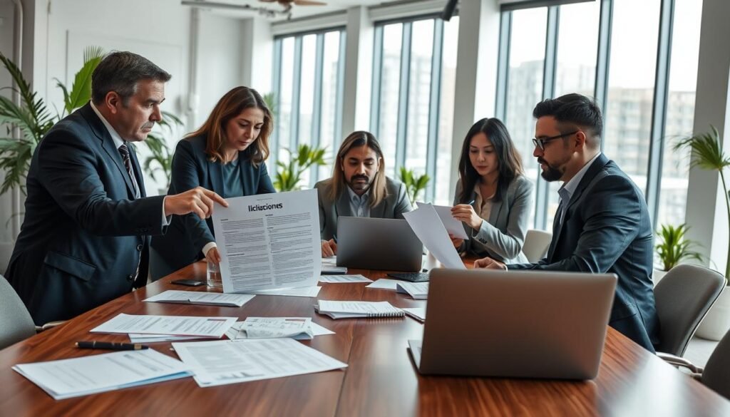 A professional setting depicting a diverse group of business people engaged in a strategic discussion around a large conference table. The foreground features two individuals in business attire, one of them pointing at a detailed document titled "licitaciones" while the other takes notes, displaying a focused and thoughtful expression. In the middle, various papers and a laptop are scattered across the table, emphasizing collaboration and brainstorming. The background shows a bright office with large windows, allowing natural light to illuminate the scene. Plants and modern decor add a touch of warmth, creating an atmosphere of optimism and ambition. The overall mood is serious yet hopeful, reflecting the strategic approach to winning a public bidding process without prior experience.