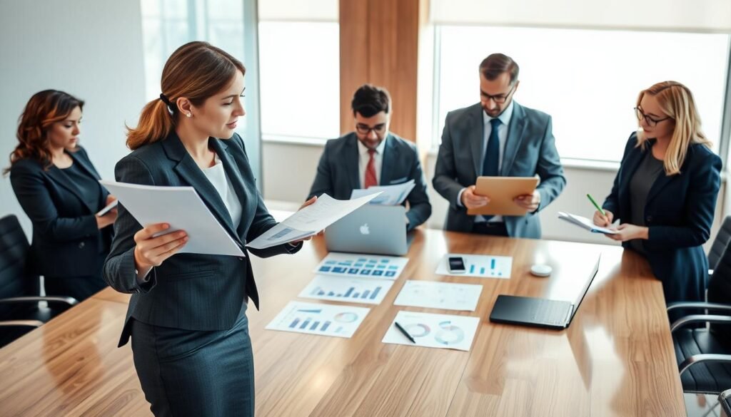 A professional setting depicting a diverse group of business people engaged in collaboration around a large conference table. In the foreground, a woman in a smart business suit is presenting documents, showcasing an organized process for bidding. In the middle ground, two men in professional attire are analyzing charts and reports on laptops, while another woman takes notes on a notepad. The background features a large window with natural light streaming in, illuminating the space and creating a warm, inviting atmosphere. The color palette is composed of soft blues and warm wood tones, evoking a sense of professionalism and clarity. The camera angle is slightly elevated, giving a comprehensive view of the collaboration in action, while maintaining focus on the process being discussed. A professional setting depicting a diverse group of business people engaged in collaboration around a large conference table. In the foreground, a woman in a smart business suit is presenting documents, showcasing an organized process for bidding. In the middle ground, two men in professional attire are analyzing charts and reports on laptops, while another woman takes notes on a notepad. The background features a large window with natural light streaming in, illuminating the space and creating a warm, inviting atmosphere. The color palette is composed of soft blues and warm wood tones, evoking a sense of professionalism and clarity. The camera angle is slightly elevated, giving a comprehensive view of the collaboration in action, while maintaining focus on the process being discussed.