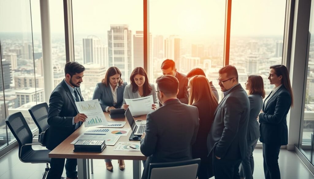 A professional setting depicting a diverse group of business professionals engaged in a collaborative meeting focused on pharmaceutical opportunities. In the foreground, several individuals in smart business attire are analyzing reports and documents related to pharmaceutical tenders, thoughtfully discussing strategies. The middle ground features a large conference table filled with tablets, laptops, and color-coded charts illustrating market trends and bidding processes. In the background, a bright window reveals a modern cityscape, symbolizing the thriving pharmaceutical industry in Colombia. The lighting is warm and inviting, creating an atmosphere of optimism and determination. The scene captures the essence of teamwork and ambition in the pharmaceutical sector, emphasizing the importance of services and resources for winning contracts. A professional setting depicting a diverse group of business professionals engaged in a collaborative meeting focused on pharmaceutical opportunities. In the foreground, several individuals in smart business attire are analyzing reports and documents related to pharmaceutical tenders, thoughtfully discussing strategies. The middle ground features a large conference table filled with tablets, laptops, and color-coded charts illustrating market trends and bidding processes. In the background, a bright window reveals a modern cityscape, symbolizing the thriving pharmaceutical industry in Colombia. The lighting is warm and inviting, creating an atmosphere of optimism and determination. The scene captures the essence of teamwork and ambition in the pharmaceutical sector, emphasizing the importance of services and resources for winning contracts.