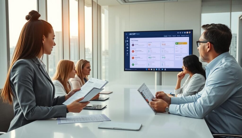 A professional setting depicting a diverse group of business professionals engaged in a collaborative discussion around a conference table. In the foreground, a young woman in formal attire presents an offer on a laptop, while a middle-aged man reviews documents. In the middle ground, a screen displays the SECOP II platform interface, showcasing various sections of the bidding process. The background features a bright, modern office with large windows providing natural light, and a view of the city skyline. The mood is focused and dynamic, highlighting teamwork and innovation in efficient management practices. Capture the scene from a slightly elevated angle, creating a sense of depth and engagement.