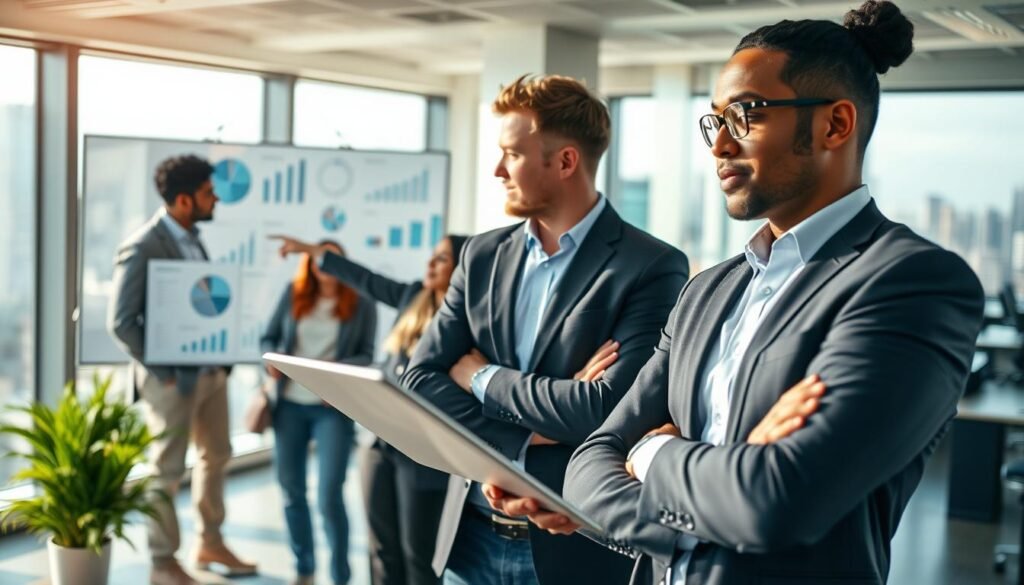 A professional setting depicting a diverse group of individuals collaborating on a marketing proposal for a public advertising bid. In the foreground, a confident person in business attire passionately presenting ideas with a digital tablet. In the middle ground, a mix of professionals engaged in discussion, one pointing at detailed charts and graphs on a large screen, symbolizing strategy and creativity. The background features a modern office environment with large windows showcasing a cityscape, bathed in natural light that creates a dynamic atmosphere. The scene conveys a sense of urgency, teamwork, and aspiration, highlighting the meticulous process of preparing a winning advertising offer. The focus is sharp, captured from a slightly elevated angle to emphasize collaboration and innovation. A professional setting depicting a diverse group of individuals collaborating on a marketing proposal for a public advertising bid. In the foreground, a confident person in business attire passionately presenting ideas with a digital tablet. In the middle ground, a mix of professionals engaged in discussion, one pointing at detailed charts and graphs on a large screen, symbolizing strategy and creativity. The background features a modern office environment with large windows showcasing a cityscape, bathed in natural light that creates a dynamic atmosphere. The scene conveys a sense of urgency, teamwork, and aspiration, highlighting the meticulous process of preparing a winning advertising offer. The focus is sharp, captured from a slightly elevated angle to emphasize collaboration and innovation.