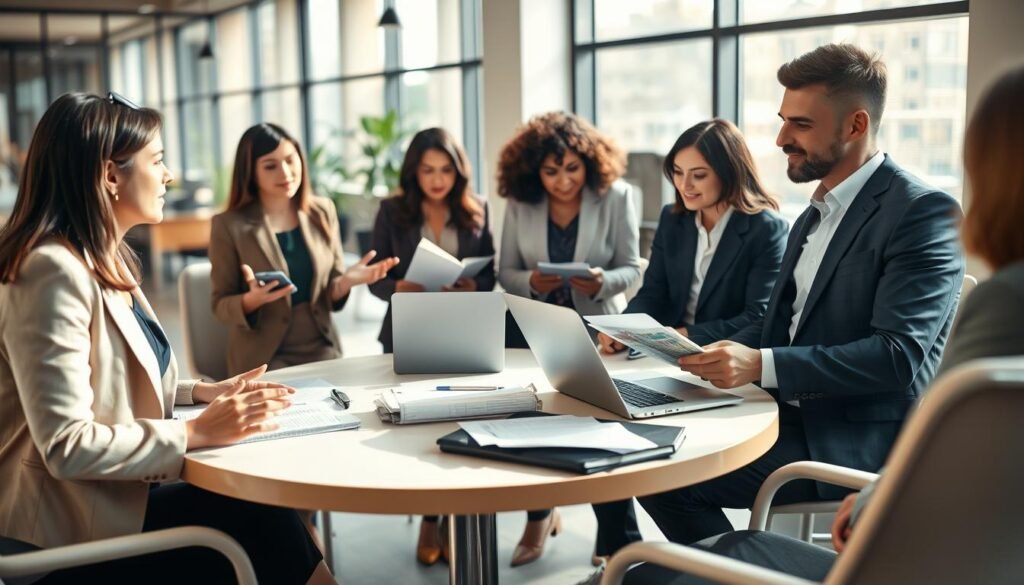A professional setting depicting a diverse group of individuals engaged in a collaborative discussion about responsibilities and best practices in a business context. In the foreground, a woman in formal business attire is gesturing confidently, while a man in a smart suit takes notes on a laptop. In the middle ground, a round table is filled with documents and laptops, symbolizing various aspects of obligations. The background features a modern office with large windows, allowing natural light to illuminate the space, creating a warm and inviting atmosphere. Soft focus on the background elements conveys professionalism. The overall mood is one of productivity, collaboration, and responsibility, emphasizing the importance of obligations in a business environment.