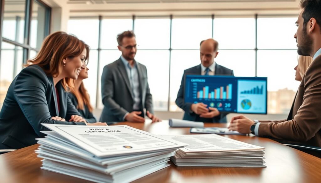 A professional setting depicting a diverse group of individuals, including a woman and a man, dressed in smart business attire, engaged in a productive meeting around a large conference table. In the foreground, there's a visible stack of official certificates and documentation symbolizing public entity certifications. The middle ground features a digital display showing graphs and metrics of public sector projects, emphasizing experience and expertise. In the background, large windows offer natural light, illuminating the room with a bright, inviting atmosphere, suggesting professionalism and collaboration. The mood is dynamic yet respectful, conveying the importance of certification and validation of experience in public entities. The angle captures the interaction between the participants, focusing on their engaged expressions and body language.