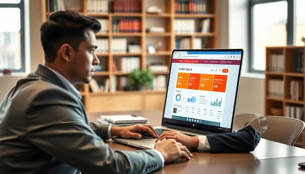 A professional setting depicting a focused individual searching for public work tenders on a sleek laptop. In the foreground, a businessperson dressed in professional attire sits at a modern desk, their expression displaying determination and concentration. In the middle ground, an open laptop screen shows a vibrant, colorful interface of a tender search website, with graphs and data visible. The background is softly blurred, featuring bookshelves filled with reference materials and a large window letting in natural light that creates a warm, productive atmosphere. The overall mood is one of purpose and efficiency, emphasizing the importance of effective searching without wasting time. The image should have soft lighting, taken from a slightly elevated angle for a professional aesthetic. A professional setting depicting a focused individual searching for public work tenders on a sleek laptop. In the foreground, a businessperson dressed in professional attire sits at a modern desk, their expression displaying determination and concentration. In the middle ground, an open laptop screen shows a vibrant, colorful interface of a tender search website, with graphs and data visible. The background is softly blurred, featuring bookshelves filled with reference materials and a large window letting in natural light that creates a warm, productive atmosphere. The overall mood is one of purpose and efficiency, emphasizing the importance of effective searching without wasting time. The image should have soft lighting, taken from a slightly elevated angle for a professional aesthetic.