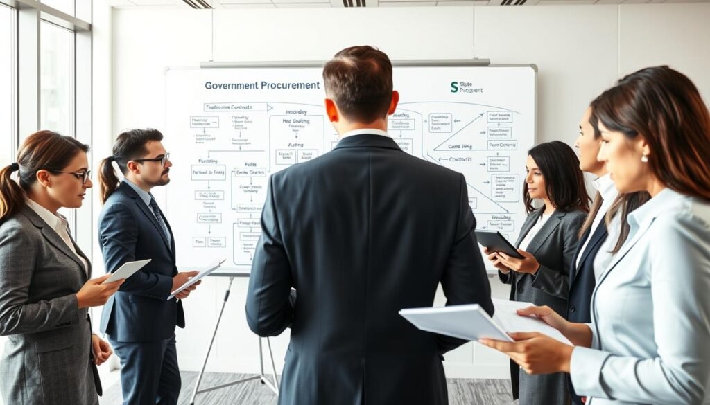 A professional setting depicting a government procurement process. In the foreground, a diverse group of business professionals in formal attire, deeply engaged in discussions, looking at documents and digital devices, symbolizing collaboration. In the middle ground, a large whiteboard filled with diagrams and flowcharts outlining the procurement phases, such as planning, bidding, and awarding contracts. The background features a contemporary office environment with large windows allowing natural light to illuminate the scene, creating a bright and open atmosphere. The overall mood is one of determination and focus, highlighting the importance of transparency and teamwork in the state contracting process. The image should capture a sense of professionalism and progressive governance.