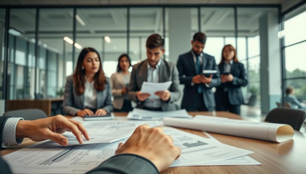 A professional setting depicting a group of diverse individuals in business attire engaged in a meticulous preparation for a public bidding process in Colombia. In the foreground, a close-up of hands reviewing detailed bidding documents and blueprints on a conference table. In the middle ground, a diverse team is gathered: a Colombian woman and man discuss strategy, while another colleague takes notes, all appearing focused and collaborative. The background features a modern office with large windows allowing natural light to flood in, casting soft shadows. The atmosphere is one of concentration and determination, emphasizing the importance of thorough preparation in the bidding process, with a warm and inviting color palette.