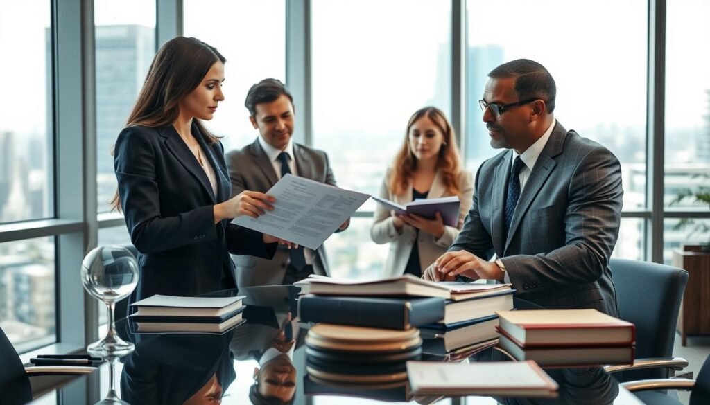 A professional setting depicting a group of diverse lawyers engaged in a serious discussion in a modern office. In the foreground, a woman in a tailored navy suit is presenting a legal document to a man in a gray suit, both focused and attentive. In the middle ground, a glass table reflects their serious expressions, surrounded by files and legal books, emphasizing the theme of legal defense and representation. The background features large windows with a cityscape view, allowing soft natural light to brighten the room. The atmosphere conveys professionalism and intensity, highlighting the importance of navigating controversies in contract law. The scene is captured from a slightly elevated angle, emphasizing the collaborative environment. A professional setting depicting a group of diverse lawyers engaged in a serious discussion in a modern office. In the foreground, a woman in a tailored navy suit is presenting a legal document to a man in a gray suit, both focused and attentive. In the middle ground, a glass table reflects their serious expressions, surrounded by files and legal books, emphasizing the theme of legal defense and representation. The background features large windows with a cityscape view, allowing soft natural light to brighten the room. The atmosphere conveys professionalism and intensity, highlighting the importance of navigating controversies in contract law. The scene is captured from a slightly elevated angle, emphasizing the collaborative environment.