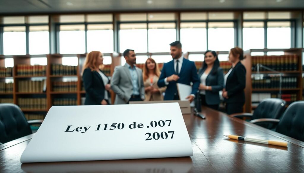 A professional setting depicting a legal document titled "Ley 1150 de 2007" prominently in the foreground, resting on an elegant wooden desk. In the middle ground, a diverse group of five professionals, dressed in business attire, engage in discussion, with one individual pointing at the document, illustrating active participation in public procurement processes in Colombia. The background features large windows with soft natural light streaming in, casting a warm glow over the scene, and shelves filled with law books and binders, symbolizing the legal framework of public contracts. The overall atmosphere is collaborative and focused, reflecting the importance of understanding legal guidelines in business engagements. The image has a balanced composition, with a slightly elevated camera angle for depth.