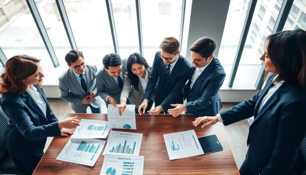 A professional setting depicting a modern office environment where a diverse group of business professionals, dressed in smart business attire, is engaged in a discussion about bid evaluation criteria. In the foreground, a table with documents featuring graphs and charts about contract awarding criteria. In the middle, the professionals are pointing at the documents, gesturing as they analyze data. In the background, large windows allowing natural light to flood the room, creating a bright and inviting atmosphere. The mood is focused and collaborative, highlighting teamwork and strategic planning. The composition captures an overhead angle, emphasizing the active engagement of the team while showcasing elements of analysis and competition in public bidding processes.