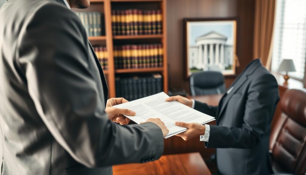 A professional setting depicting a person in business attire confidently submitting a formal petition to a government office. The foreground shows a close-up of the individual's focused expression while handing over a neatly organized document to a government official behind a polished wooden desk. The middle ground features the official, dressed in professional attire, reviewing the document and nodding with understanding. In the background, a well-organized office with shelves of legal books and a framed picture of a courthouse, conveying professionalism and authority. Soft, natural lighting from a nearby window creates an inviting atmosphere, with a slight depth of field focusing on the interaction between the petitioner and the authority, emphasizing the importance of the right to petition. A professional setting depicting a person in business attire confidently submitting a formal petition to a government office. The foreground shows a close-up of the individual's focused expression while handing over a neatly organized document to a government official behind a polished wooden desk. The middle ground features the official, dressed in professional attire, reviewing the document and nodding with understanding. In the background, a well-organized office with shelves of legal books and a framed picture of a courthouse, conveying professionalism and authority. Soft, natural lighting from a nearby window creates an inviting atmosphere, with a slight depth of field focusing on the interaction between the petitioner and the authority, emphasizing the importance of the right to petition.