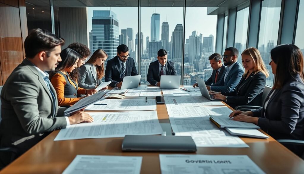 A professional setting depicting a public bidding process for government contracts. In the foreground, a diverse group of business people in professional attire are engaged in a discussion, reviewing documents and laptops, showcasing a collaborative atmosphere. In the middle, a large conference table is covered with blueprints, proposals, and government contracts. To the background, a glass wall reflects a city skyline, indicating a bustling urban environment, with natural light streaming in. The room is well-lit, suggesting transparency and professionalism. The mood is focused and serious, capturing the essence of competitive bidding in public procurement. The angle is slightly elevated to encompass both the people and the context of the room, emphasizing the strategic nature of public tenders.