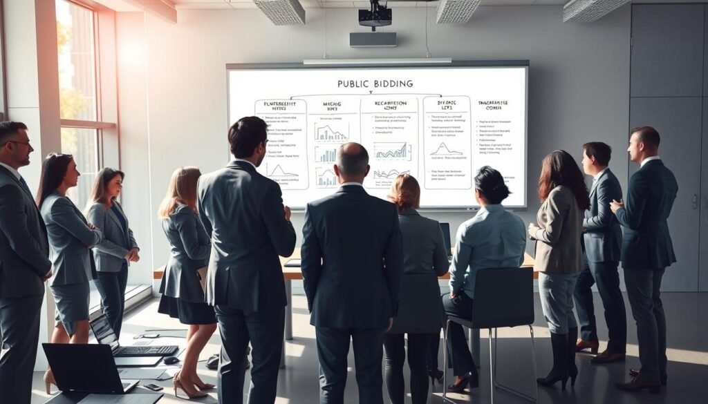 A professional setting depicting a public bidding process. In the foreground, a diverse group of business professionals, dressed in smart business attire, gather around a large table filled with documents, laptops, and a projector displaying charts and graphs. The middle ground features a whiteboard with outlined steps of the bidding process and visual aids, highlighting aspects of transparency and competition. The background shows a modern office environment with large windows allowing natural light to flood the space, creating a bright and inviting atmosphere. Soft shadows add depth to the scene, while a subtle focus on the professionals emphasizes collaboration and determination. The overall mood conveys a sense of professionalism, clarity, and engagement, ideal for illustrating a formal public contracting process.