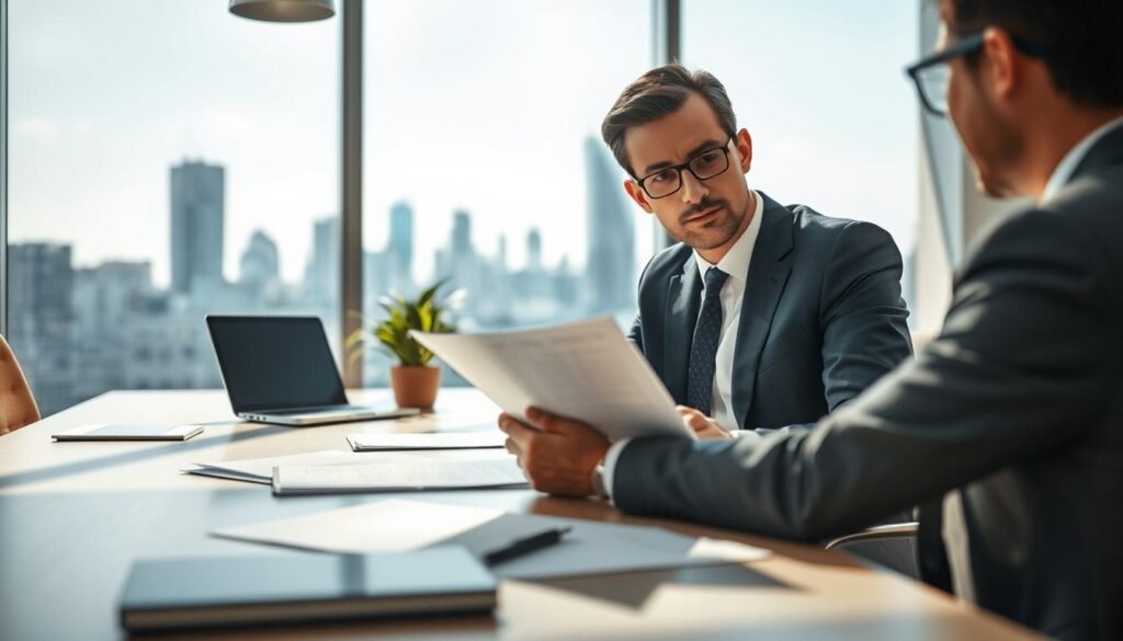 A professional setting depicting an individual engaged in a serious discussion about contract responsibility. Foreground: a confident person in smart business attire, seated at a modern conference table, reviewing documents with a focused expression. Middle: a few scattered papers, a laptop, and a plant to evoke a professional environment. Background: a bright office with large windows showing a city skyline, symbolizing opportunity and responsibility. Lighting is soft, creating a warm and inviting atmosphere, while shadows add depth. The angle should be slightly elevated, giving a clear view of the interaction and the seriousness of the topic. The mood is contemplative yet determined, reflecting the weight of responsibility in hiring decisions.