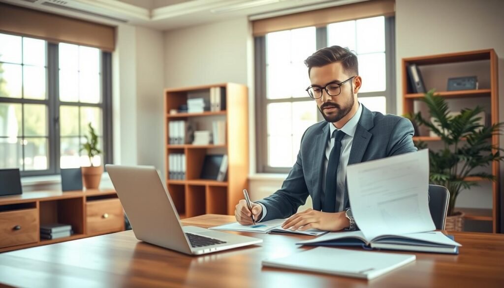 A professional setting depicting an individual preparing for a job offer. In the foreground, a business professional dressed in smart attire is reviewing documents and writing notes at a sleek wooden desk. The middle ground features a well-organized office with a laptop displaying graphs and charts, a bookshelf filled with business books, and a potted plant for a touch of greenery. In the background, a large window allows natural light to flood the room, creating a warm and inviting atmosphere. The scene conveys a sense of focus and determination, with an encouraging mood, suggesting preparation and growth in a competitive environment. The composition should be shot from a slightly elevated angle, highlighting the subject's engaged expression and the organized workspace.